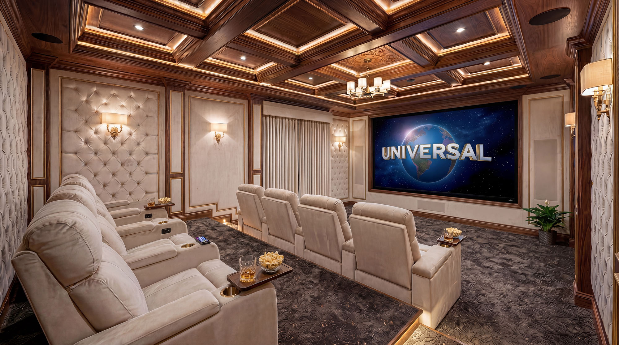 Sala de cine con pantalla encendida